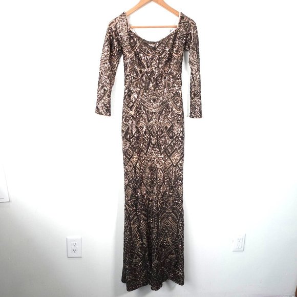 Brown Evening Dress XS Long Gown Sequin Off The Shoulder Maxi Allover Formal USA - Picture 2 of 11